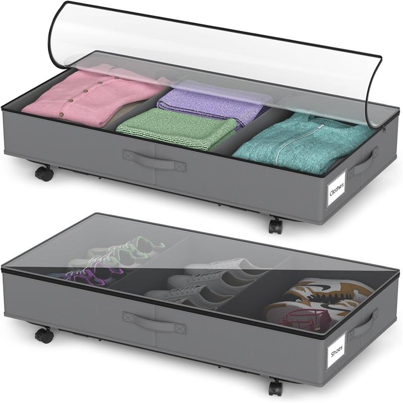 Under Bed Storage with Wheels - 2Pack Under Bed Storage Containers with Clear Lid and Handles