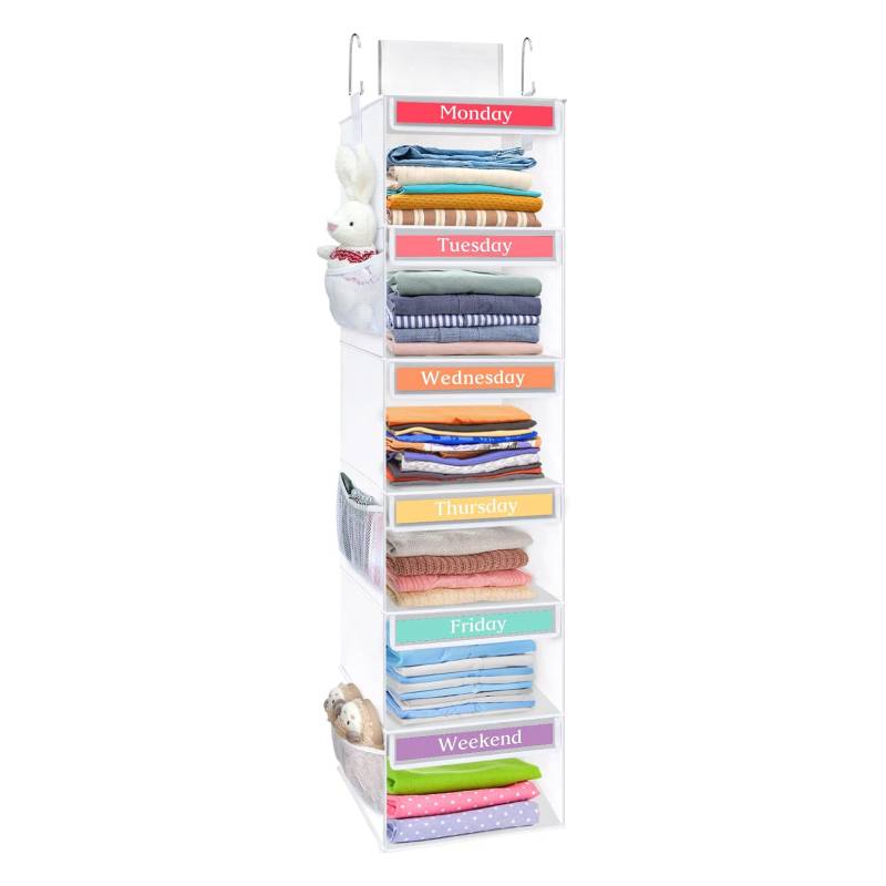 6-Shelf Weekly Hanging Closet Organizer for Kids with 6 Side Pockets